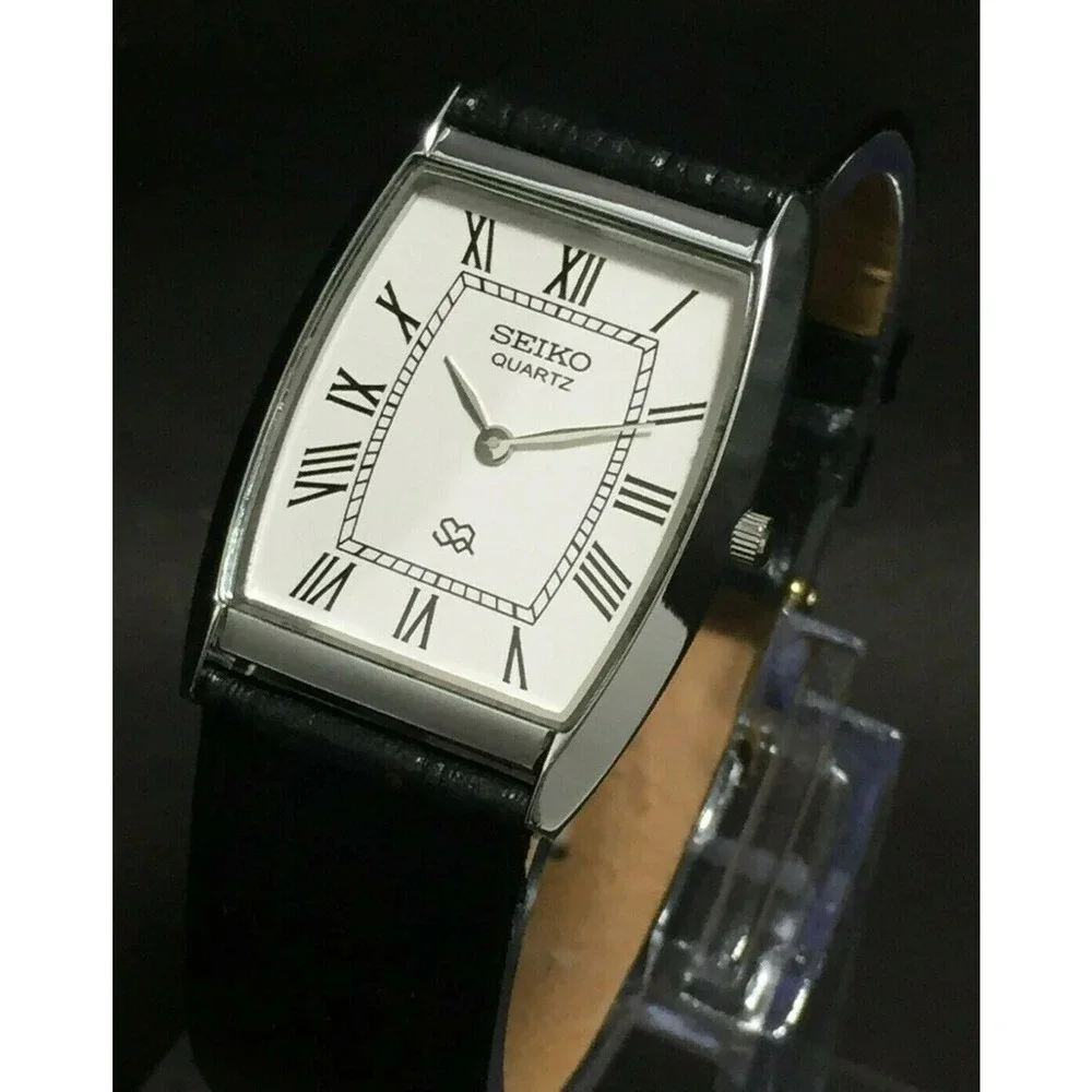 Vintage Style Seiko Quartz Mens Silver Watch & White accents W/ Leather Strap